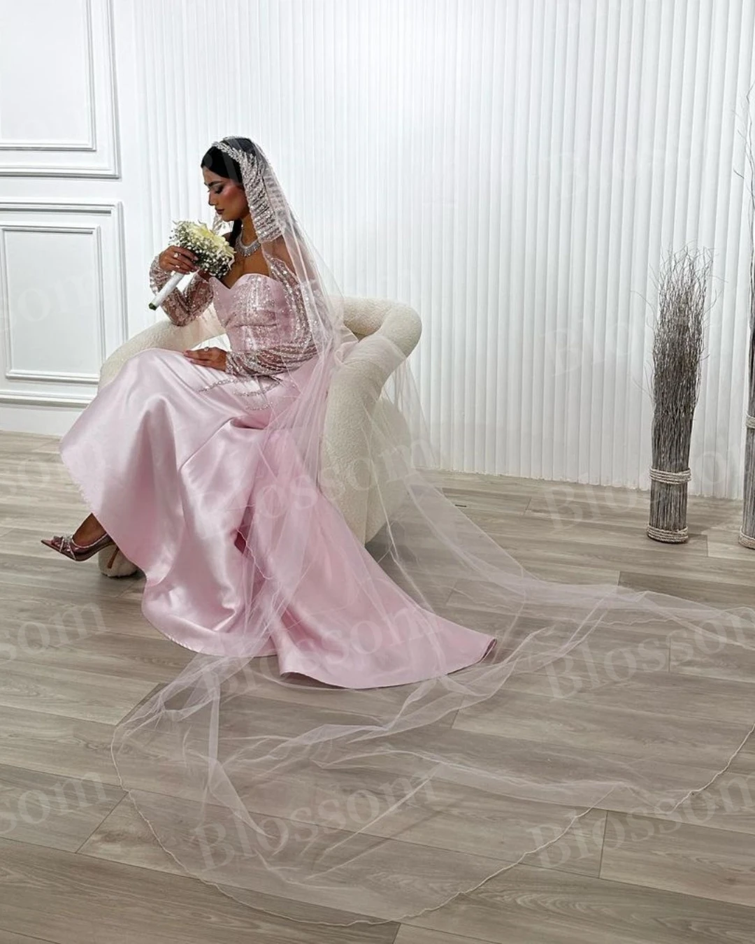 Abiti da sera con scollo a cuore rosa sirena con perline paillettes manica lunga abito da ballo da sposa abiti da festa muslimexmuslimatextiz/maxi