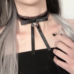 Fashion Choker Necklace For Women Sexy Black White Lace Bow Bell Pendant Short Clavicle Chain Necklace Aesthetic Jewelry