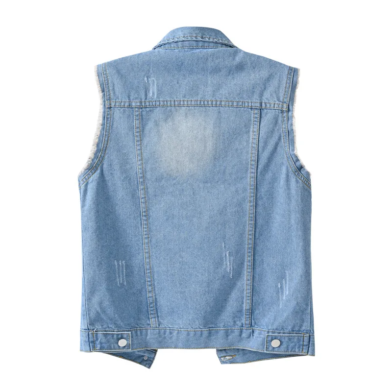 2024 Women's Light-Colored Denim Vest Short Spring and Summer Slim-Fit Slimming Frayed Edge without Holes Vest