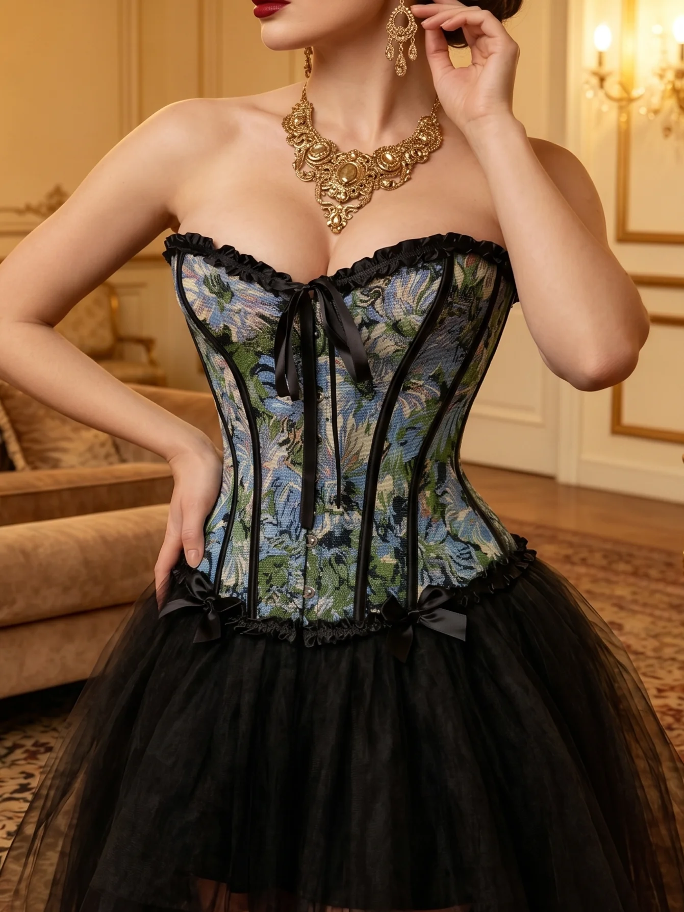 Women's floral tie back metal clasp Victorian Overbust bone corset for belly sculpting，push up top，lace up structured Bustier