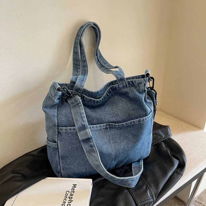 Borse di tela da uomo e da donna multi tasca di grande capacità in denim tinta unita, borsa a tracolla a spalla singola per pendolarismo, college st