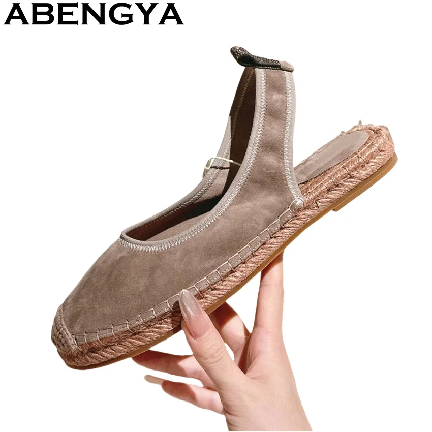 

ABENGYA RoundToe Slingback Flat Sandals for Women's Suede Leather loafers Sandals 2026 Summer New Casual Walk Shoes Mujer