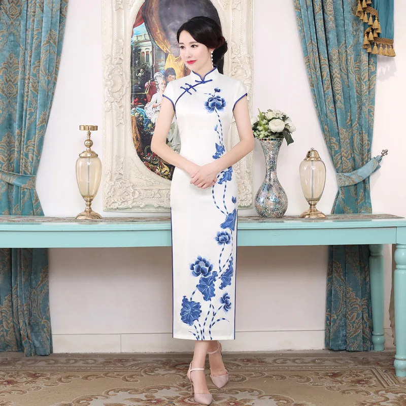 Chinese Traditional Women Silk Qipao Dress Spring Short Sleeves White Cheongsam Evening Party Gown