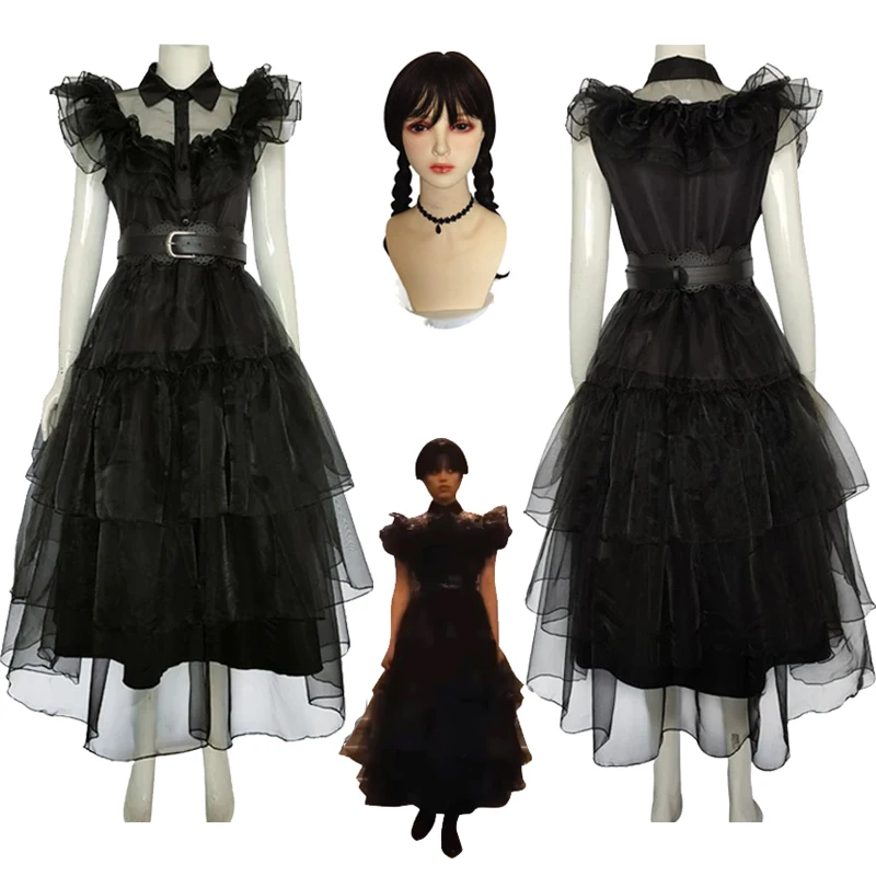 

New Wednesday Addams Cosplay Costume Kids Adults Black Gothic Dress Halloween Carnival Evening Party Mesh Dresses