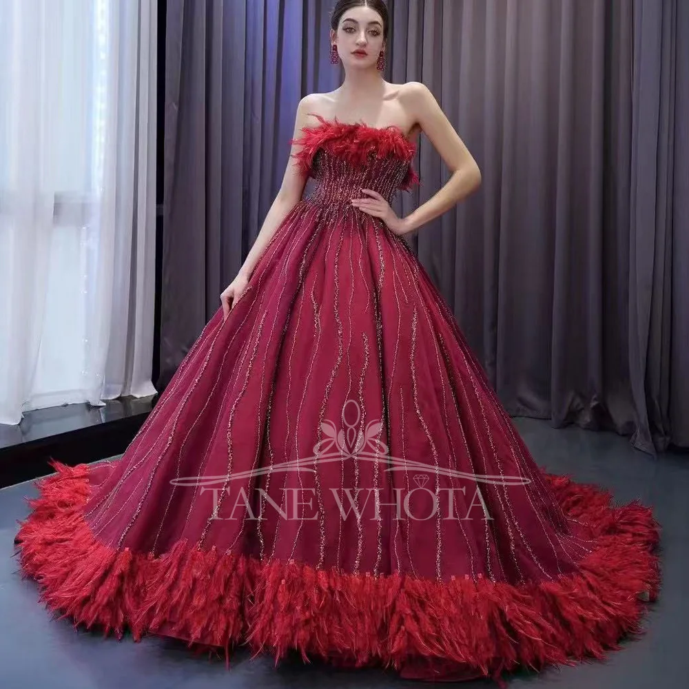 Red Strapless Evening Dress Women's Ball Gown Sleeveless Lace-Up Back Sequined & Feathers Detail Customizable for Formal Wear