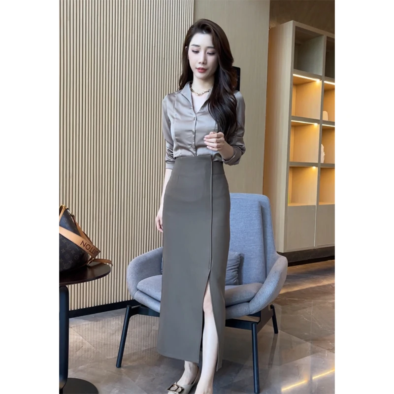 Early Autumn Commute Women's Shirt Skirt Set V-neck Satin Half-length Skirt Comfortable Regular Fit High Waist Office Style
