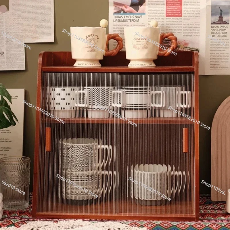 Solid Wood Vintage Coffee Mug Organizer Dust-Proof Storage Cabinet for Living Room Multi-Purpose Cup Shelf Display