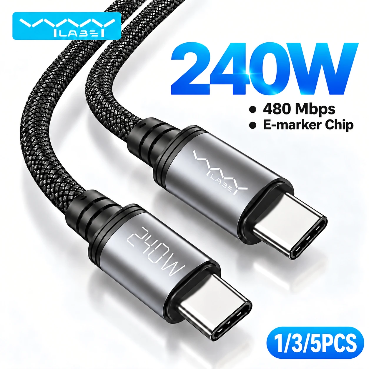 Vyvylabs 1/3/5PCS 240W USB-C-zu-USB-C-Kabel PD E-Marker 480Mbps Geflochtenes Schnellladekabel für MacBook Samsung iPhone 18 17 16 15 Serie Pro Max Plus