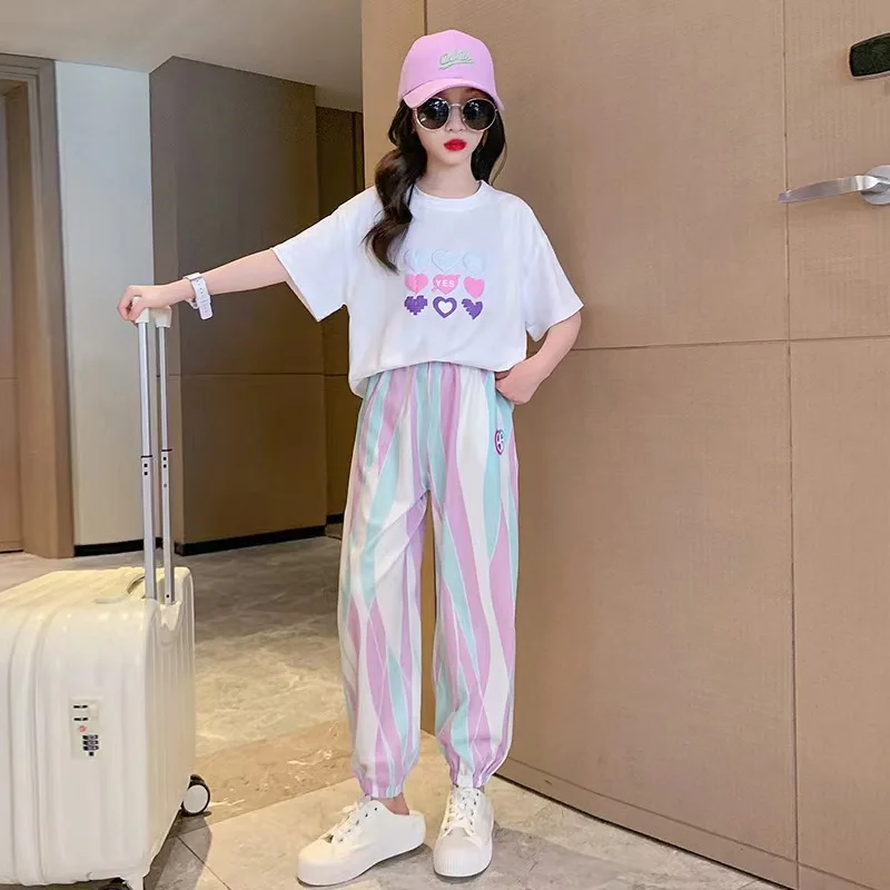 

2024 summer girls Clothes Child set Sports Suit Teen tracksuit loose heart t shirt + Ankle-tied striped pants 10 11 12 14 years