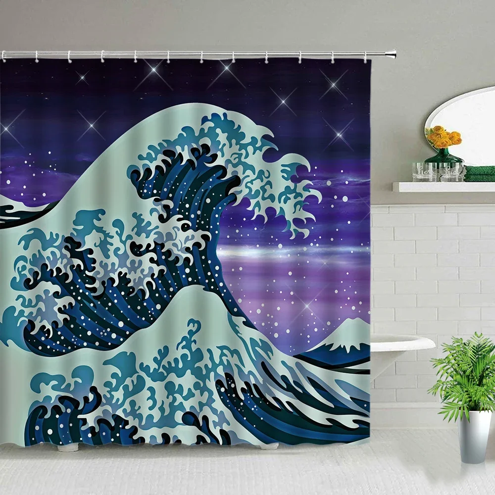 Sea Wave Pattern Cartoons Scenery Shower Curtain Set Modern Bathroom Decor Screen Waterproof Fabric Hanging Curtains With Hooks