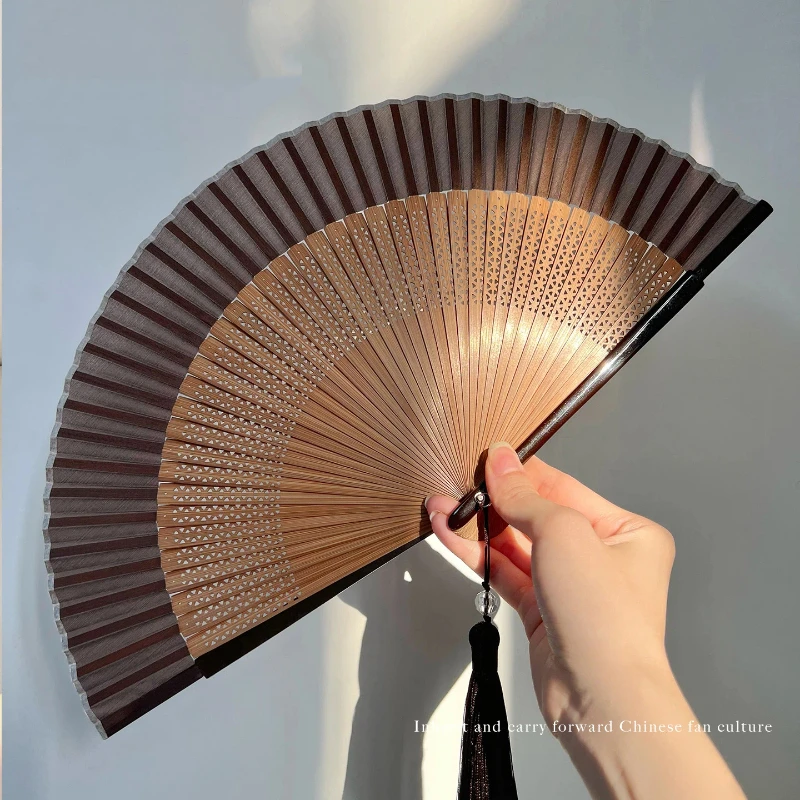 Brown Hollow Carved Folding Fan Portable Summer Cooling Daily Fan for Women Cheongsam Dance Gift Chinese Style Photo Prop