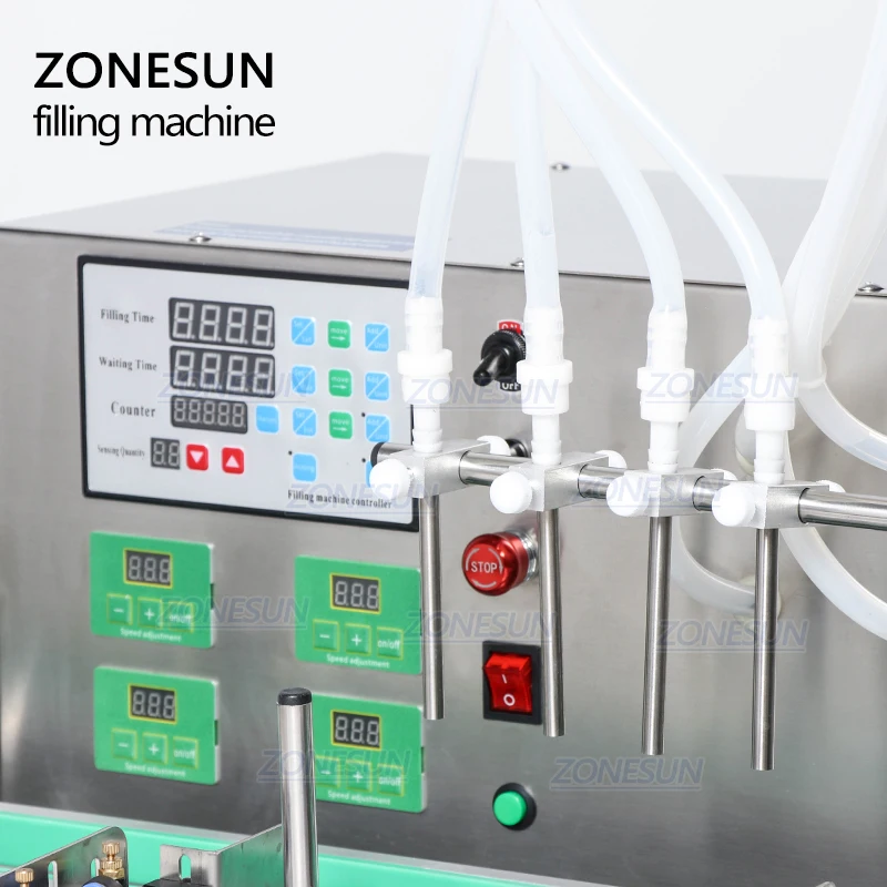 ZONESUN Full Automatic Desktop Liquid Filling Machine With Conveyor Glass Plastic Bottle Perfume Juice Milk Water Filler
