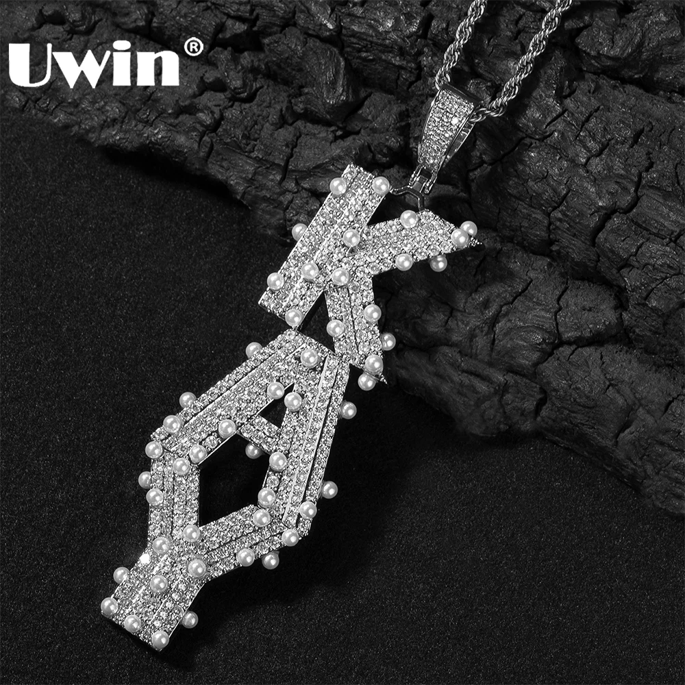 

UWIN Custom Vertical Bold Font Name Pendant Necklaces Iced Cubic Zirconia Imitation Pearls Letter Necklace Fashion Jewelry