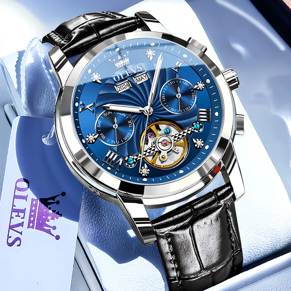

OLEVS Роскошные мужские часы с турбийоном, кожаный ремешок, водонепроницаемые автоматические механические часы, мужские вечные часы с календарем, месяц, неделя, дата