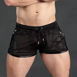 Summer Men Sport Shorts Color Matching Hollow Mesh Loose Drawstring Elastic Waist Quick Dry Jogging Gym Vacation Beach Shorts