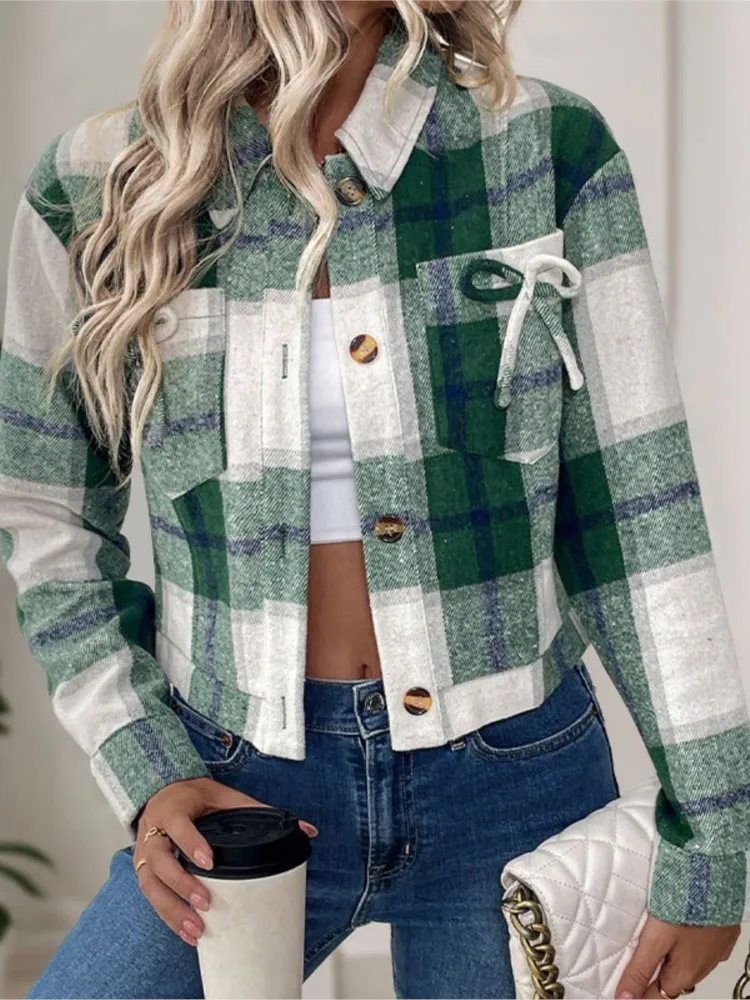 

Women's Clothing Versatile Casual Retro Short Lapel Plaid Coat Contrast All-match Loose Simple Style Comfortable Temperament