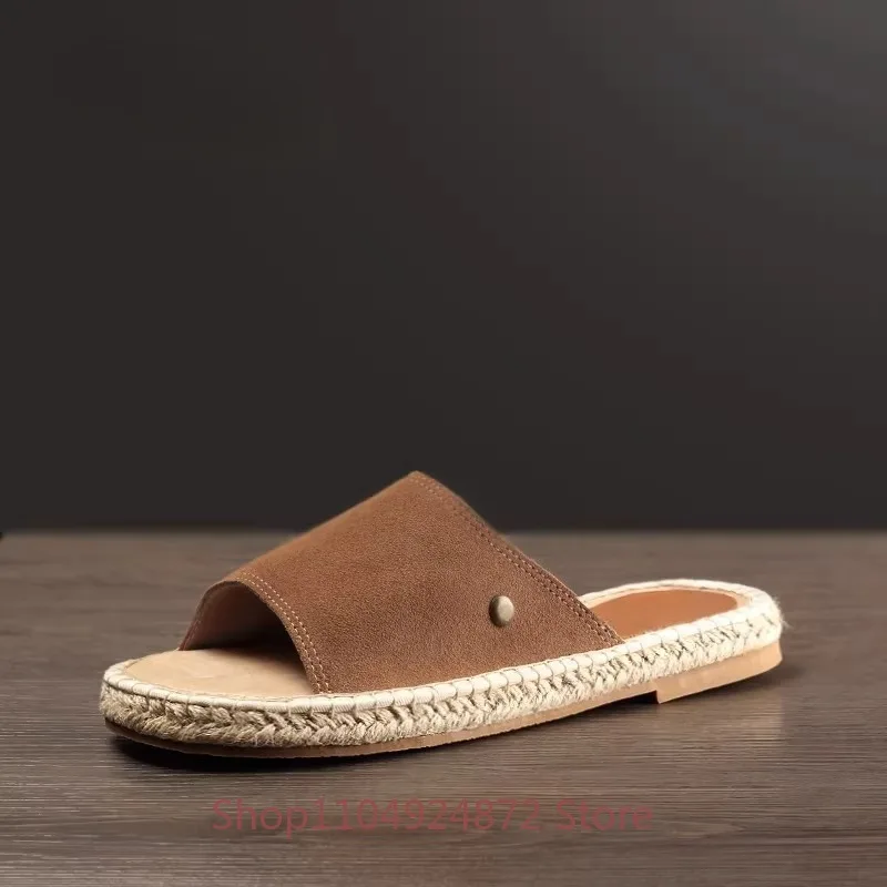 

Summer Casual Retro Cow Suede Handmade Slip on Slippers Men's Shoes Summer Fashion Open Toe Flat Beach Sandals Male