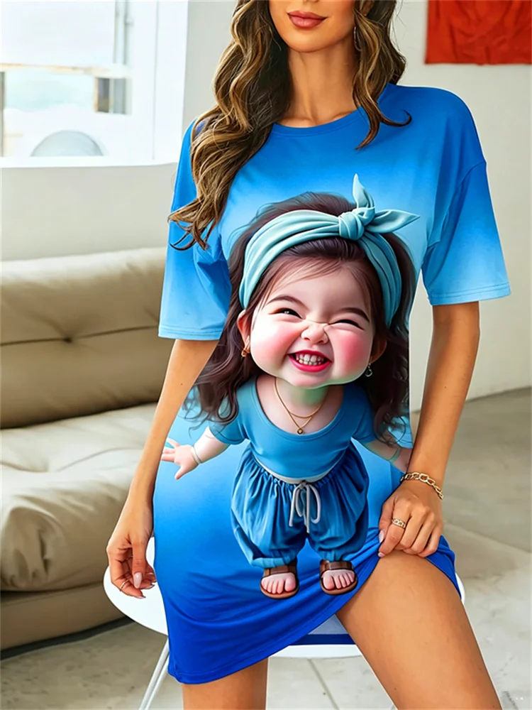 Summer women's short sleeve dress Cute Cartoon Girl Print Casual Loose Mini dress