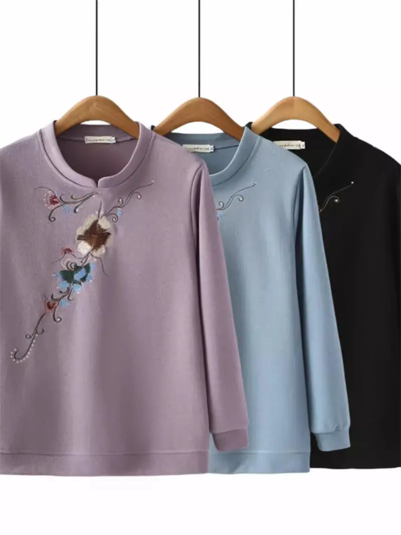 Retro Sweatshirt For Women 2024 Spring Autumn Embroidered Long Sleeved Loose Oversized Bottom Shirt Versatile Top K076