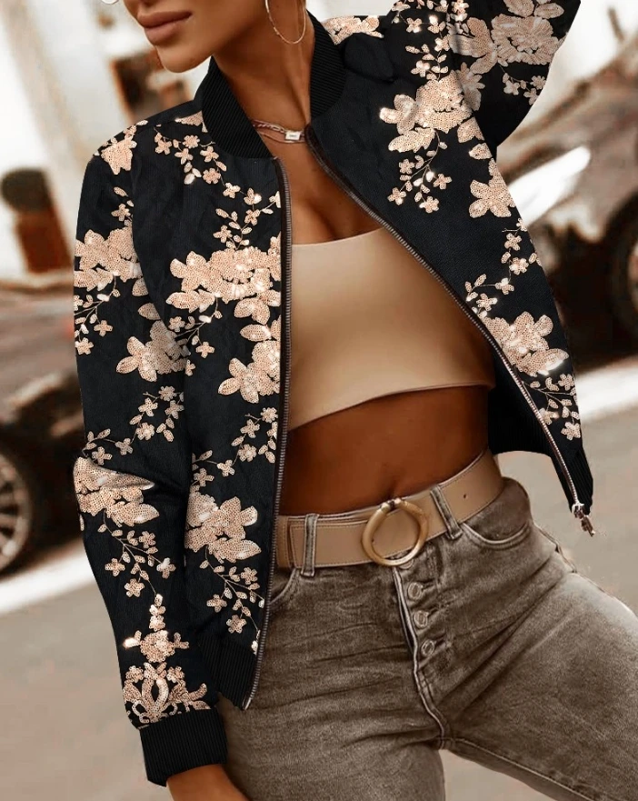 

Floral Pattern Long Sleeve Sequin Zip Up Jacket 2025 Autumn Winter New Fashion Casual