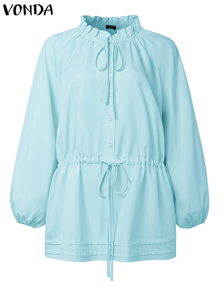 

2025 VONDA, элегантные рубашки, женские осенние однотонные топы с длинными пышными рукавами, повседневные свободные туники с повязкой на талии, туника с рюшами, OL Blusas Femininas