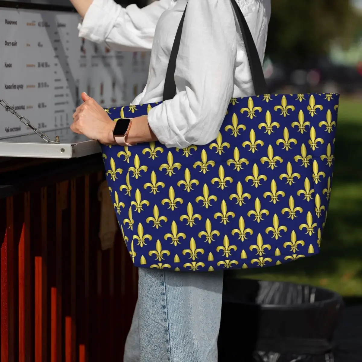 

Сумка-тоут Gold Blue Fleur De Lis Royal Lily Beach Tote Bag, спортивная сумка для спортзала и йоги, большая сумка-тоут, женская дорожная сумка, сумка для фитнеса