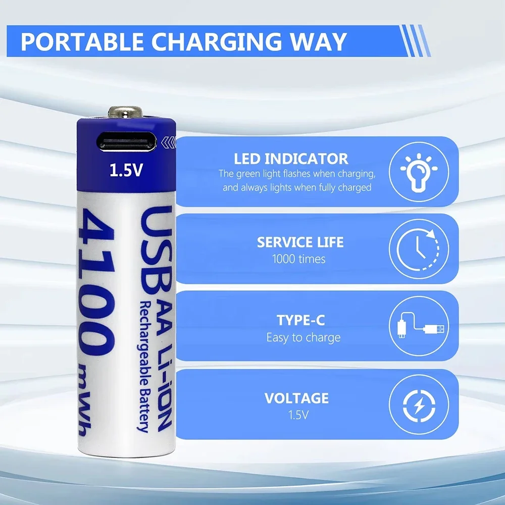 Литий-ионный аккумулятор 1,5 В AA, 4100 мВтч с зарядкой типа C для экосистемы IoT, интеллектуальных замков, датчиков и контроллеров