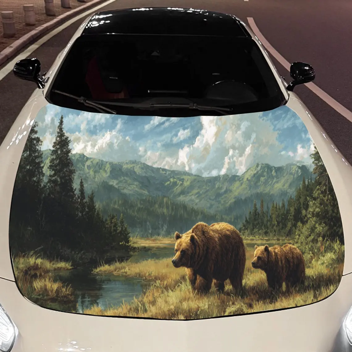 Car Decals Mountain & Bear Scene Car Hood Sticker, Waterproof Self - Adhesive Vinyl Graphics Decals, Decorative Protective & Scr