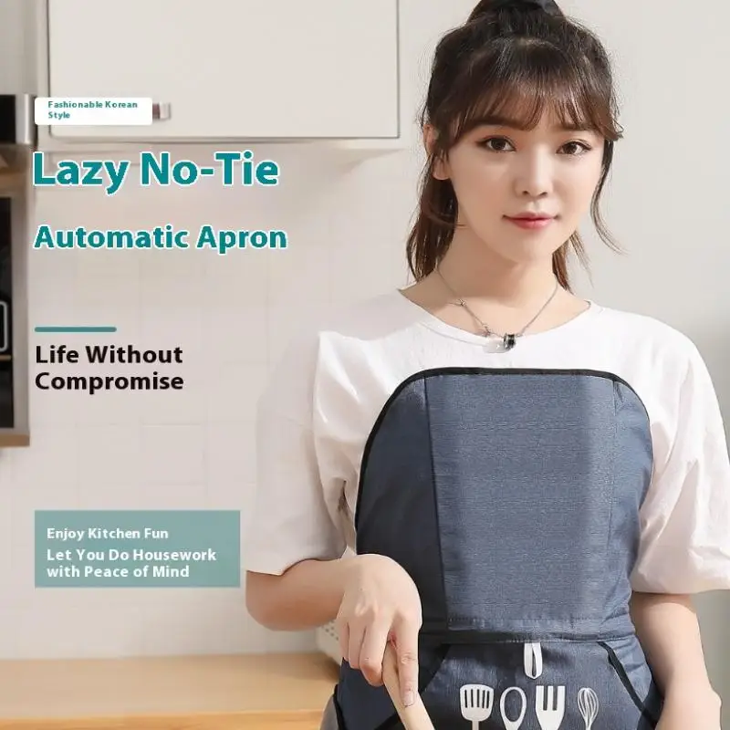 Automatic No Tie Waterproof Oil Resistant Fashion Home Use Apron Tech Fabric Hand Print Logo Korean Style Kitchenwear
