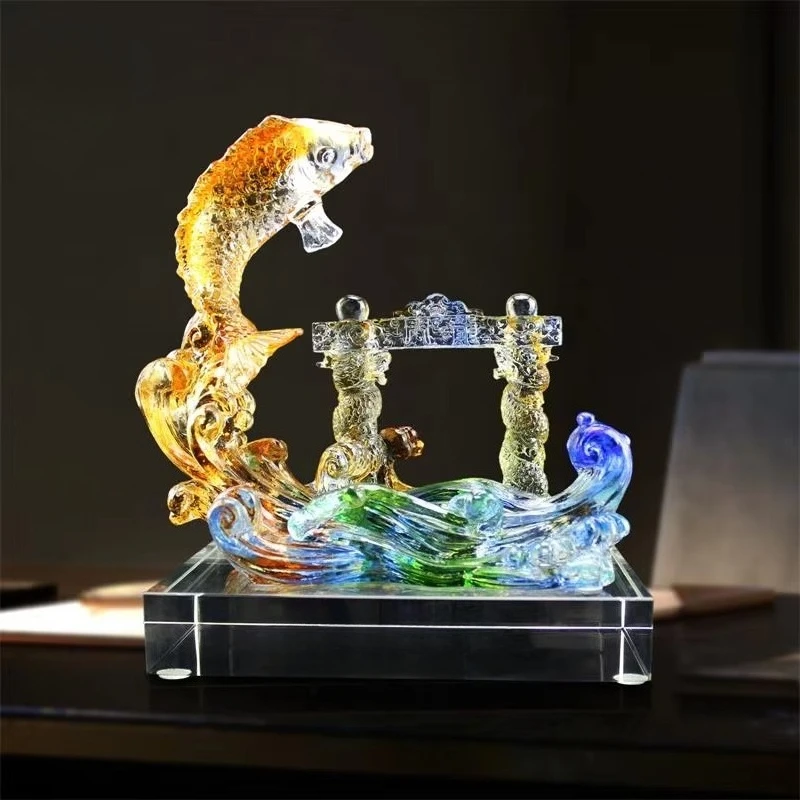 

Glazed crystal engraving business gifts Feng Shui engraving carp jumping dragon door glass material