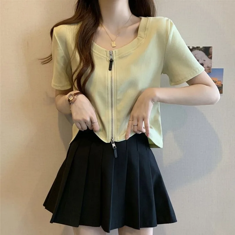 

Women's Summer Fashion Zipper Slim T-Shirts 2025 New Lady Daily Joker Solid Square Collar Short Sleeve Tops Casual Clothing