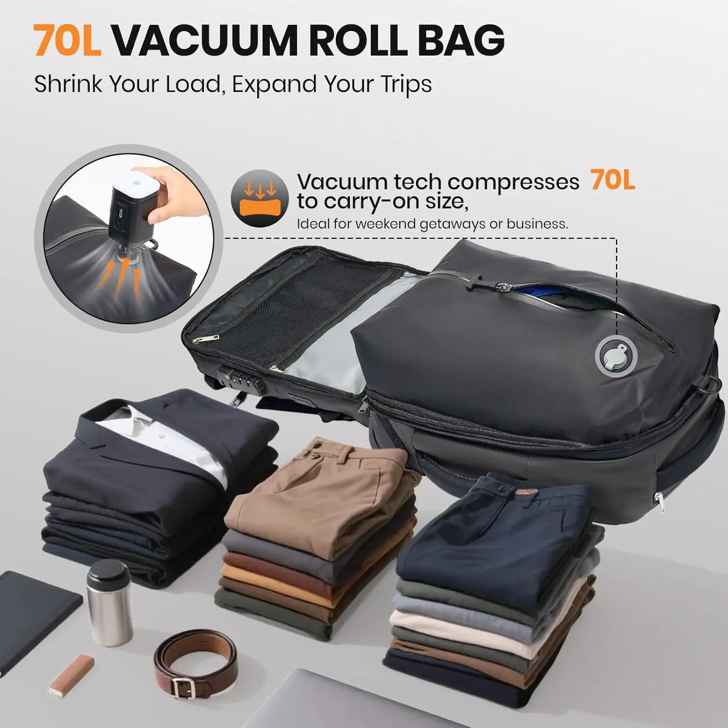 

Rolling Travel Backpack, Carry On Luggage with TSA Lock & Anti Theft Zipper, 70L Expandable Airback with Compression