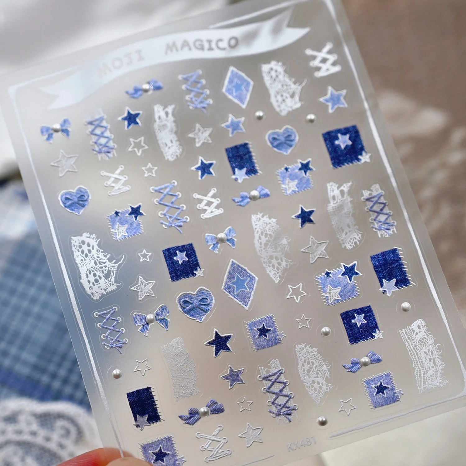 Denim Lace Fabric Art Line Bowknot Pearl Delicate Star Love Heart Mesh Cloth Charming Adhesive 5D Nail Stickers Manicure Decals