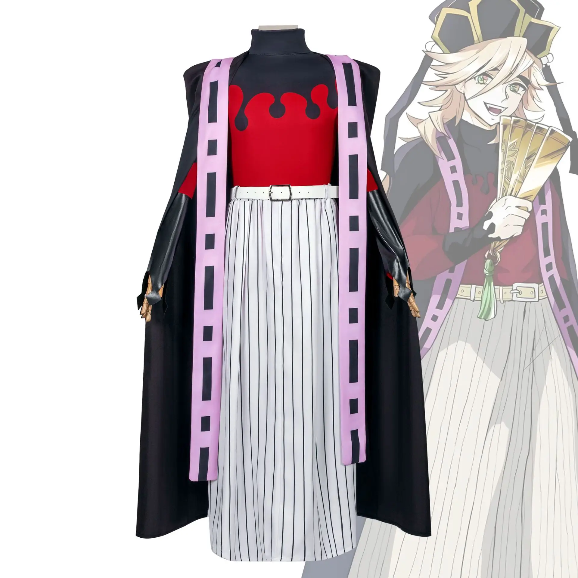 

Demon character costume for cosplay: black cloak adorned with wisteria and striped hakama set - suitable for parties, Halloween