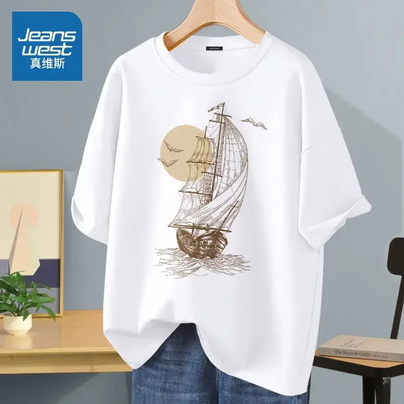 Summer Casual Pure Cotton O-neck Sailboat Printed Top Tees Women Loose Simple Pullover Women Short Sleeve Basic T-shirt