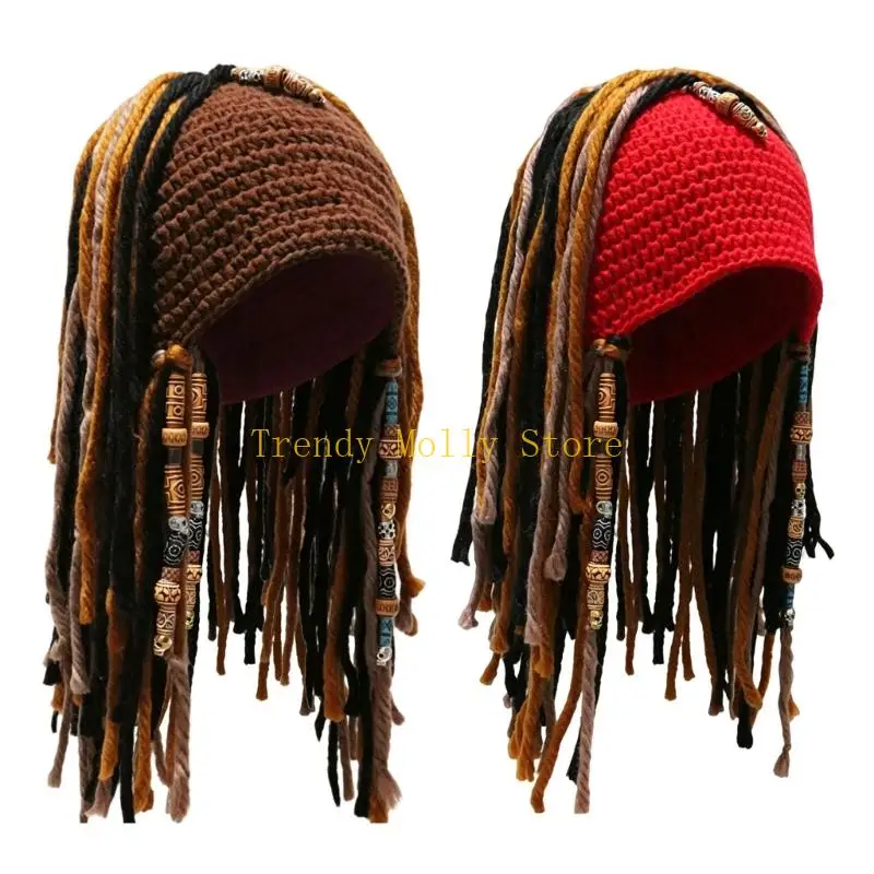 

N5KB Unisex Pirate Costume Hat Knitted Warm with Faux Dreads and Head Wrap Pirate Headwear Suitable for Parties Wear