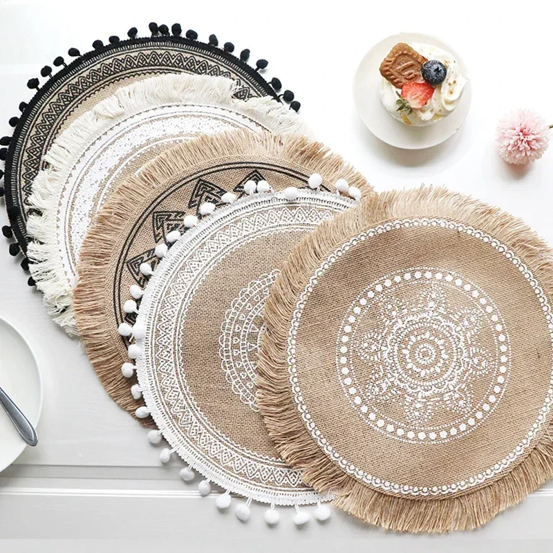 Round Linen Table Placemat Embroidery Tassels Printed Pad Coffee Cup Coaster Dish Mat Kitchen Accessories Woven Placemats 38cm