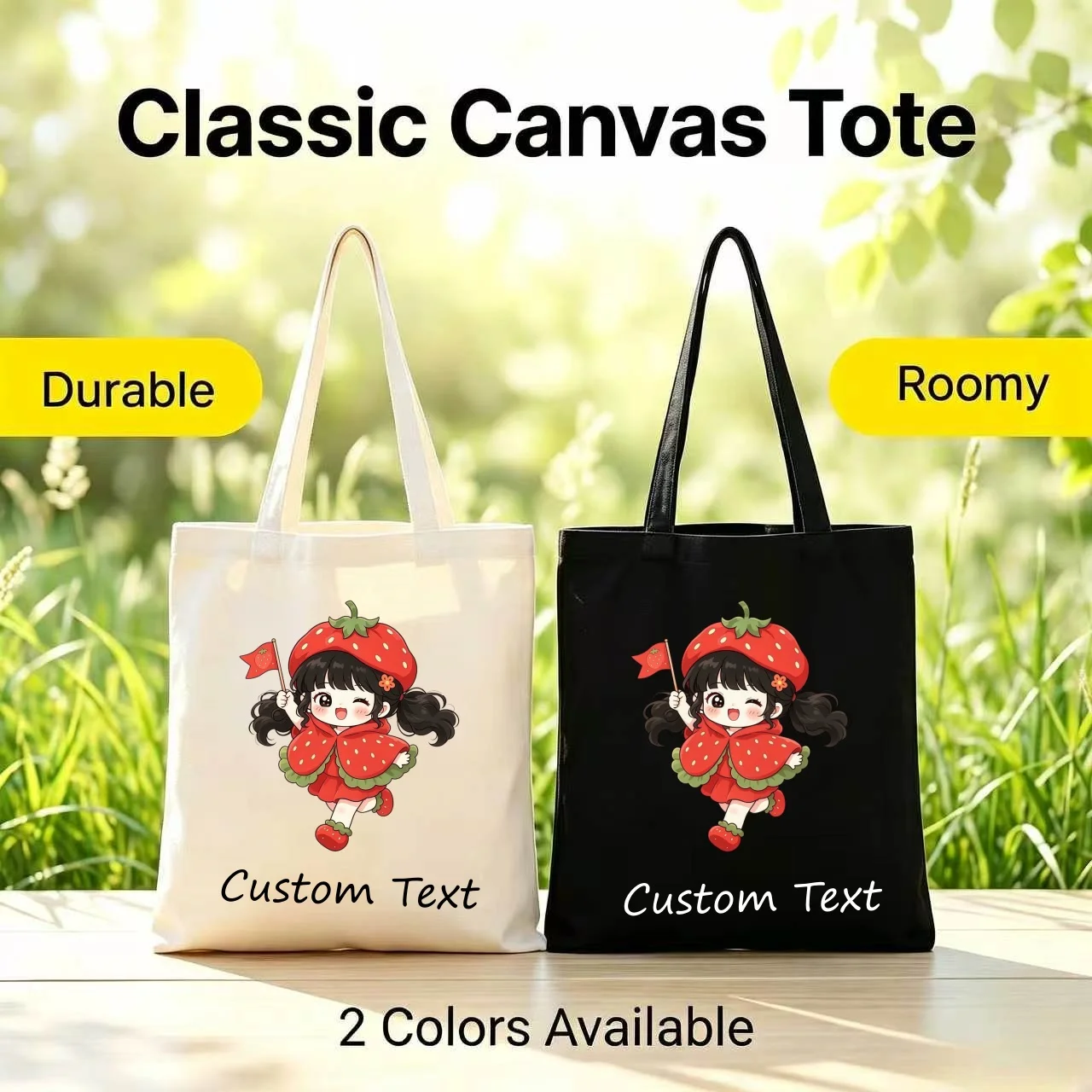 1PC Custom Text Strawberry Girl Print Canvas Tote Bag Personalized Name Shoulder Handbag Eco‑friendly Reusable Shopping Bag