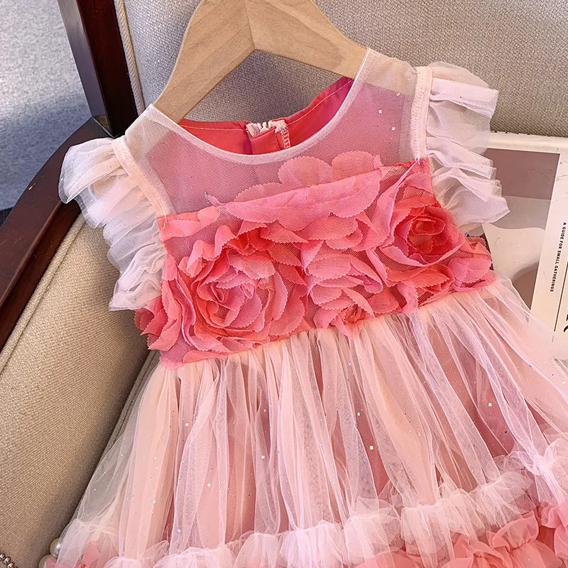 New Summer Sequin Princess Dress for Girls 3D Pink Flower Baby Sleeveless Dresses Kids One-Year-Old Birthday Party Gown