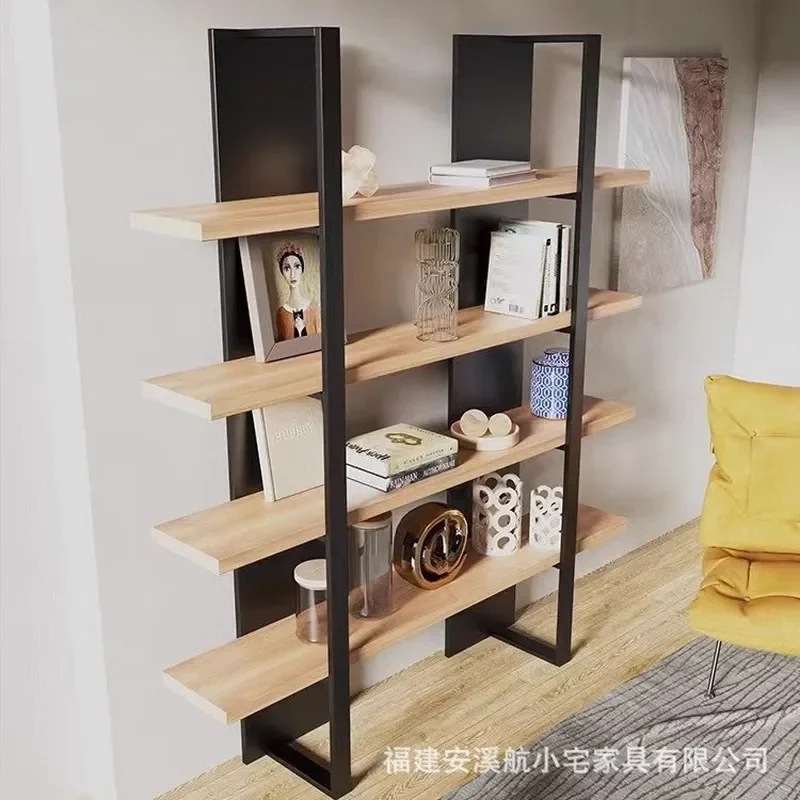 Modern Simple Wrought Iron and Solid Wood Bookshelf Floor to Ceiling Wall Mounted Multi Layer Storage Display Rack for Living