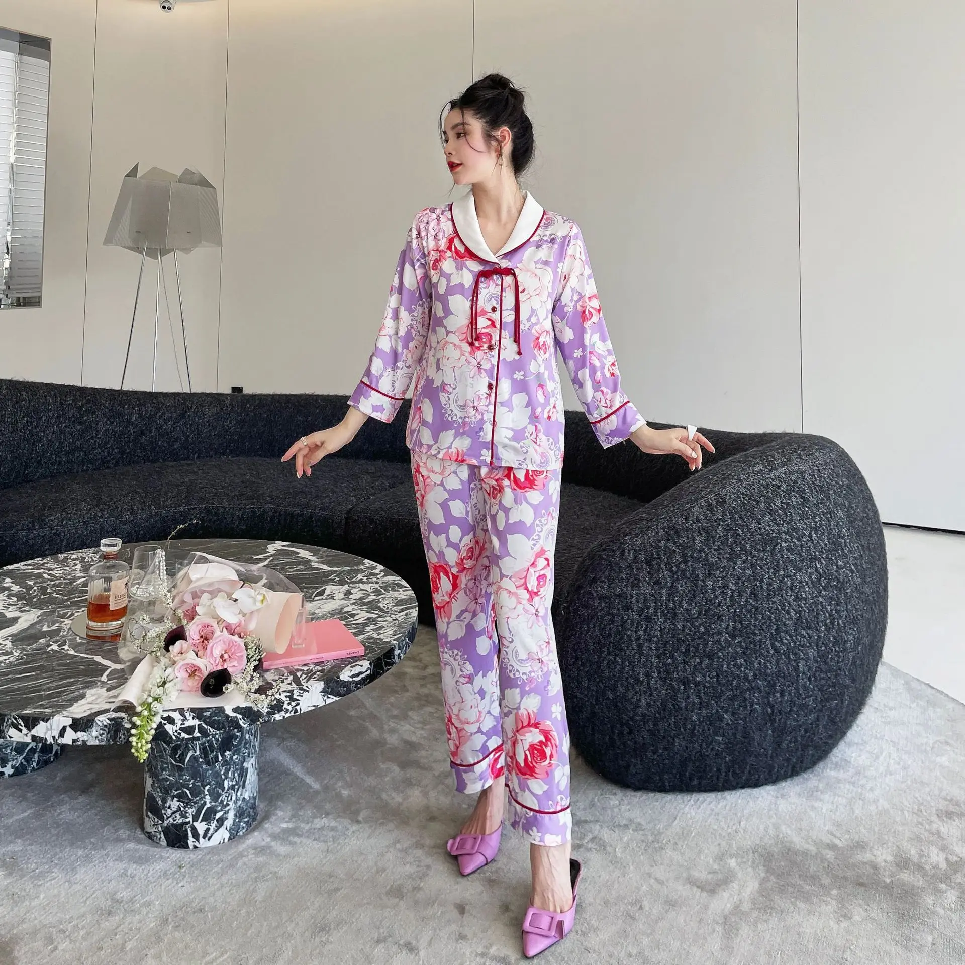 New Long Sleeved Chinese Style Ice Silk Pajamas, Women's Autumn And Winter Cardigans, Printed Home Clothes, High-end Set Nightwe image 3