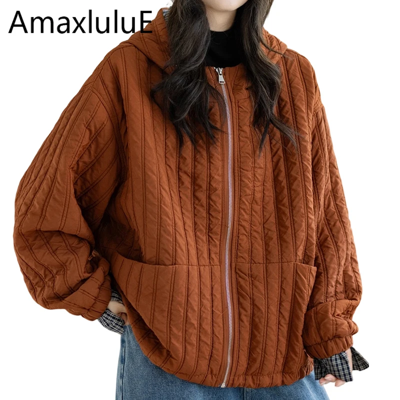 Amax LuluE 2026 Japanese Loose Casual Padded Jackets 2026 Winter Womens Fashion Hooded Vintage Parkas Soild Cotton Thicken Coats