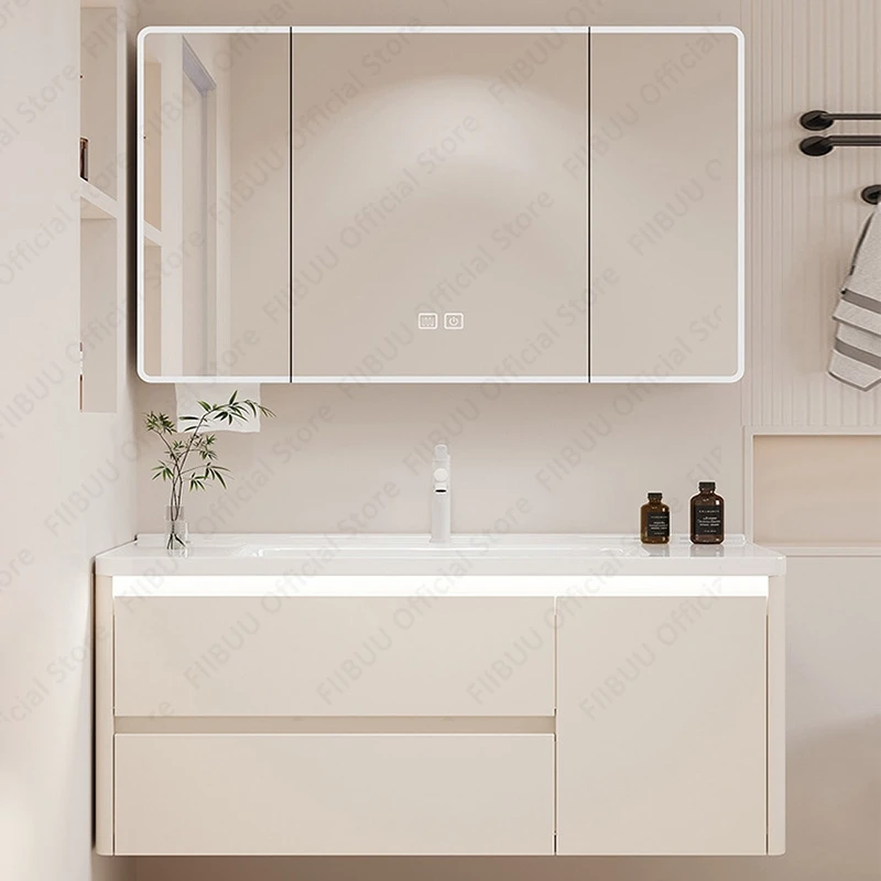 

Туалетный столик для ванной комнаты с умным светодиодным зеркалом, настенный алюминиевый шкаф со встроенной керамической раковиной, слив с сенсорным управлением