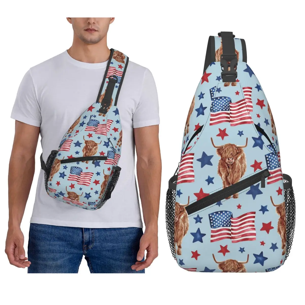 الولايات المتحدة الأمريكية المرتفعات البقرة الأزهار على العلم الأمريكي النجوم والمشارب حقيبة صدر للرجال الرجال الرافعة حقيبة كروسبودي حقيبة صدر للرجال Daypack حقيبة كتف