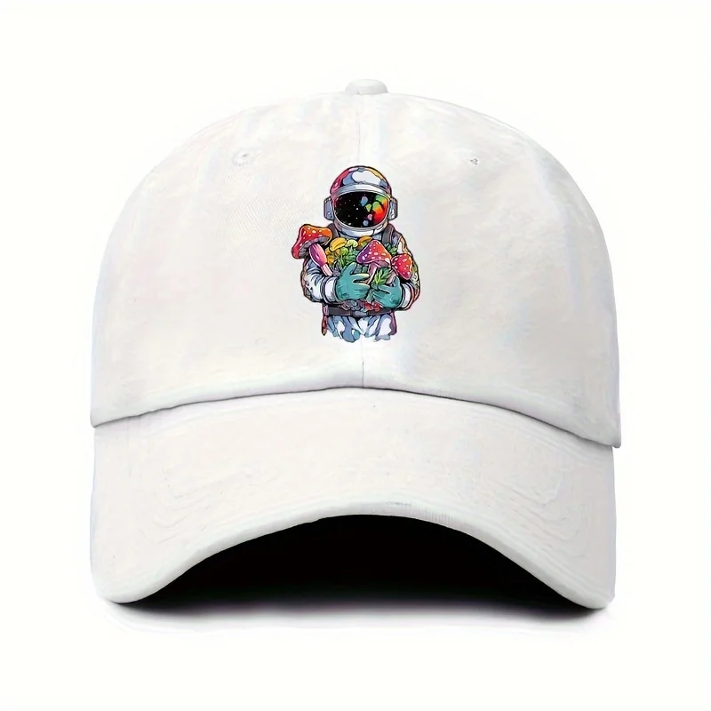 Colorful Style Astronaut Holding Various Mushroom Printed Washed Baseball Caps, Retro Fun Adjustable Sun Hat