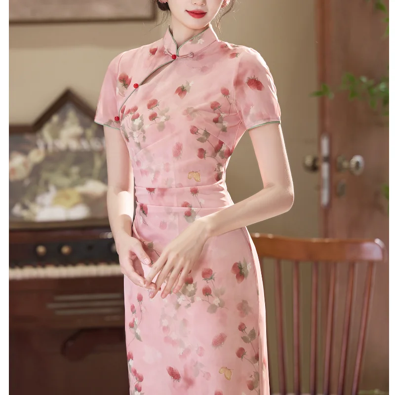 Lady Short Sleeve Qipao Sexy Satin Mesh Cheongsam Print Vintage Button Chineese Dress Mandarin Collar Vestidos Plus Size3Xl