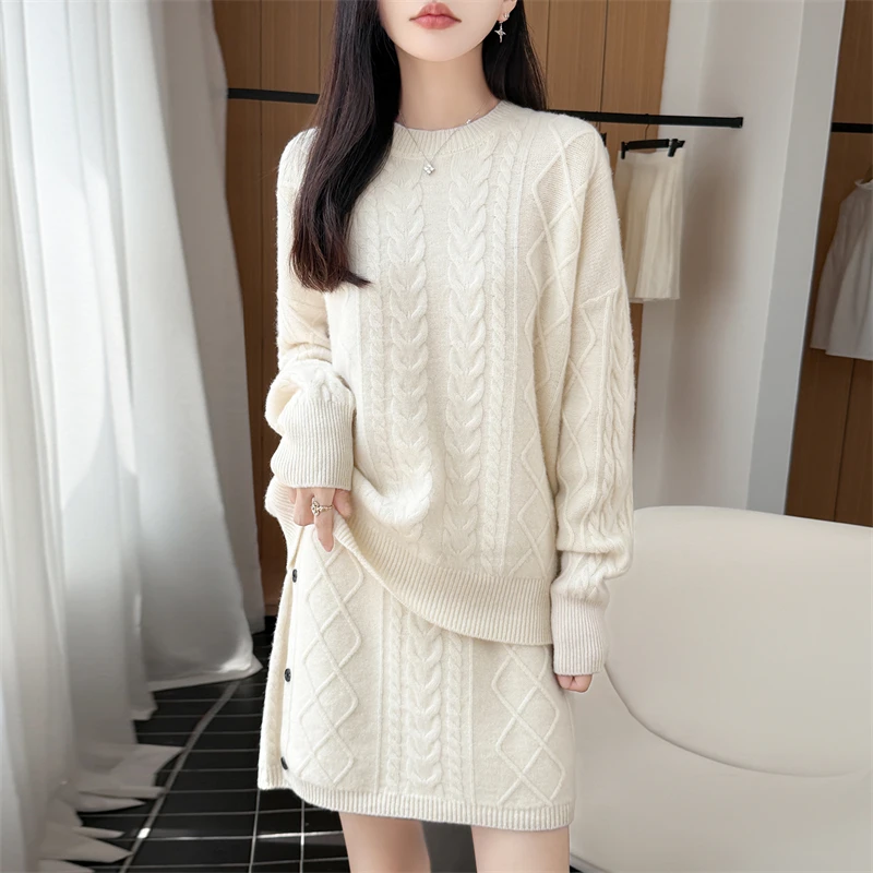 Autumn Winter Thick 100% Pure Wool Two-Piece Set Woman O-Neck Pullover Top A-Line Wrapped Hip Skirt Fashion Short Skirt Ensemble