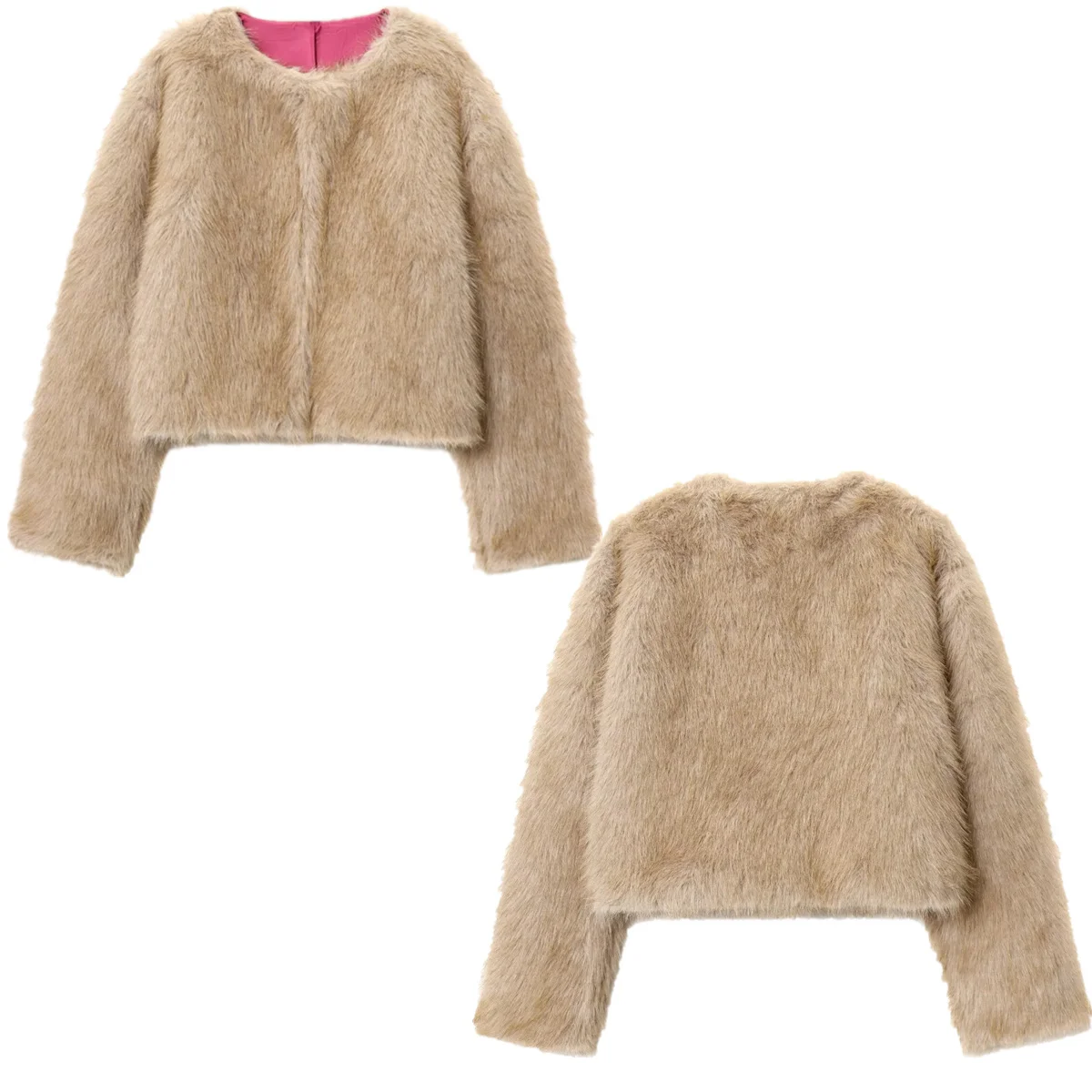 

Dave&Di Winter Bomber Jacket French Elegant Champagne Colored Faux Fur Coat Minimalist Round Neck Coat Women Top