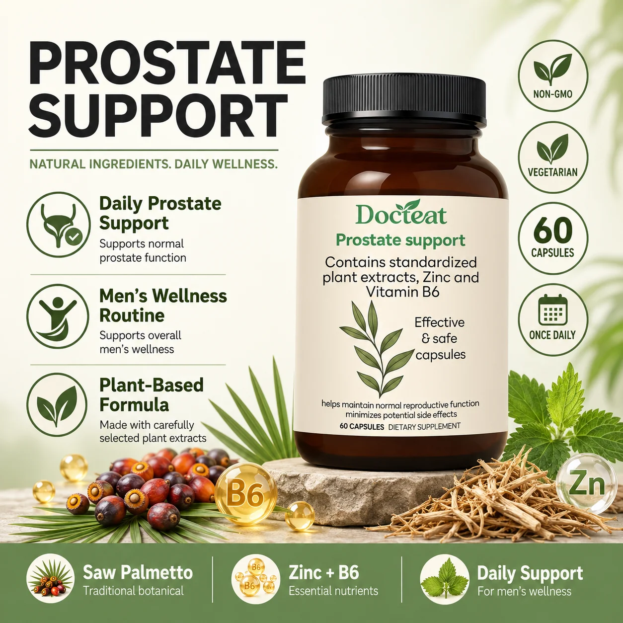 Docteat Prostate Support Capsules for Men 60 CT Saw Palmetto Extract Zinc Vitamin B6 Stinging Nettle Root Daily Wellness