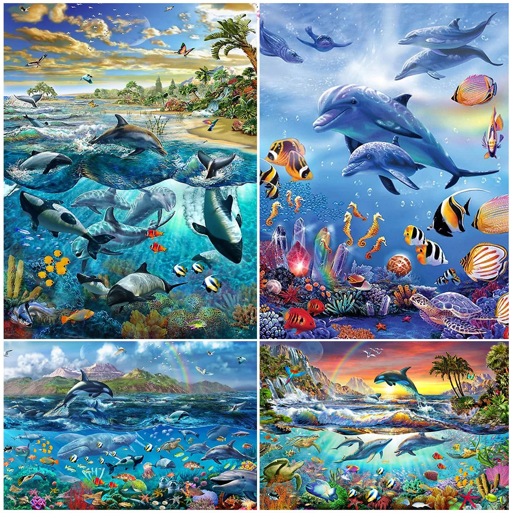 Animal 5D Diy Diamond Painting Dolphin And Fish Cross Stitch Kit Horse Underwater Landscape Mosaic Pixel Art Picture Home Decor